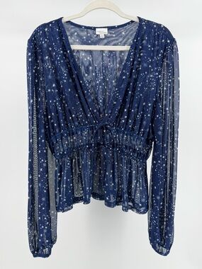 Madison & Berkeley Navy Blue Star Print Semi-Sheer Blouse, Women's Large